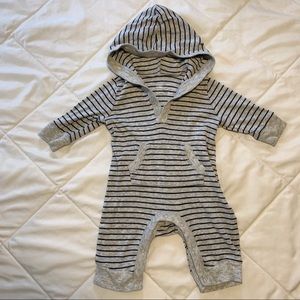 Grey and blue striped hooded one piece outfit
